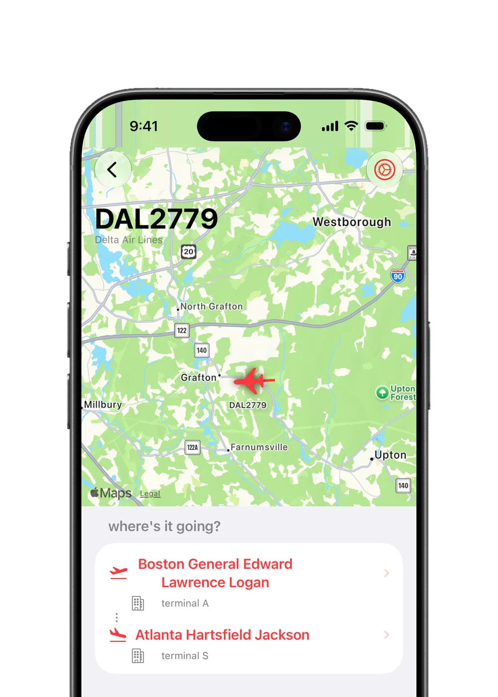 Takeoff app screen showing flight destination