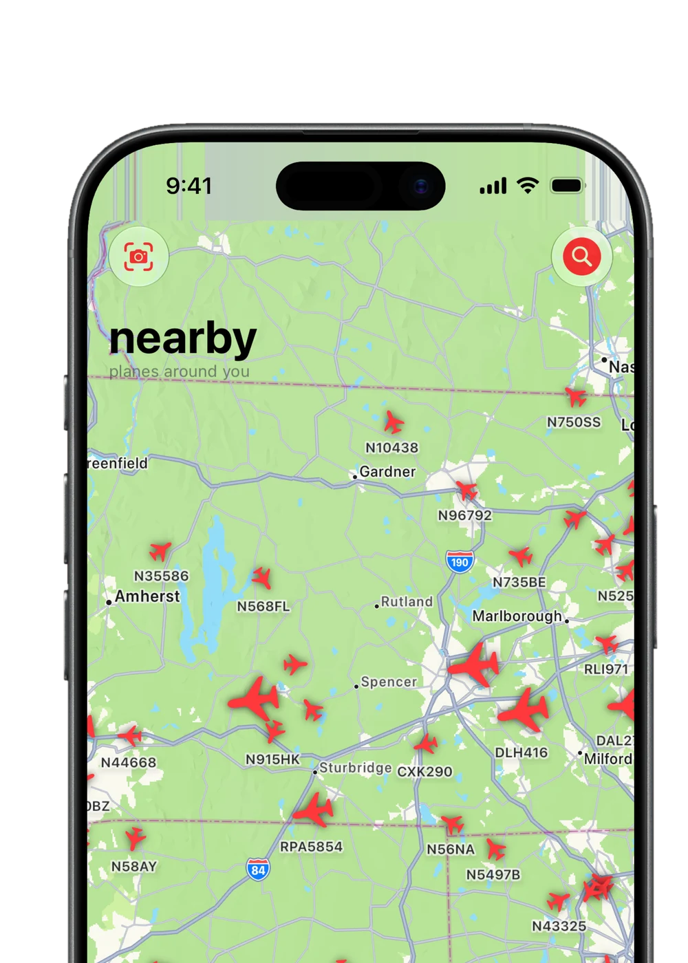 Takeoff app map screen showing nearby planes