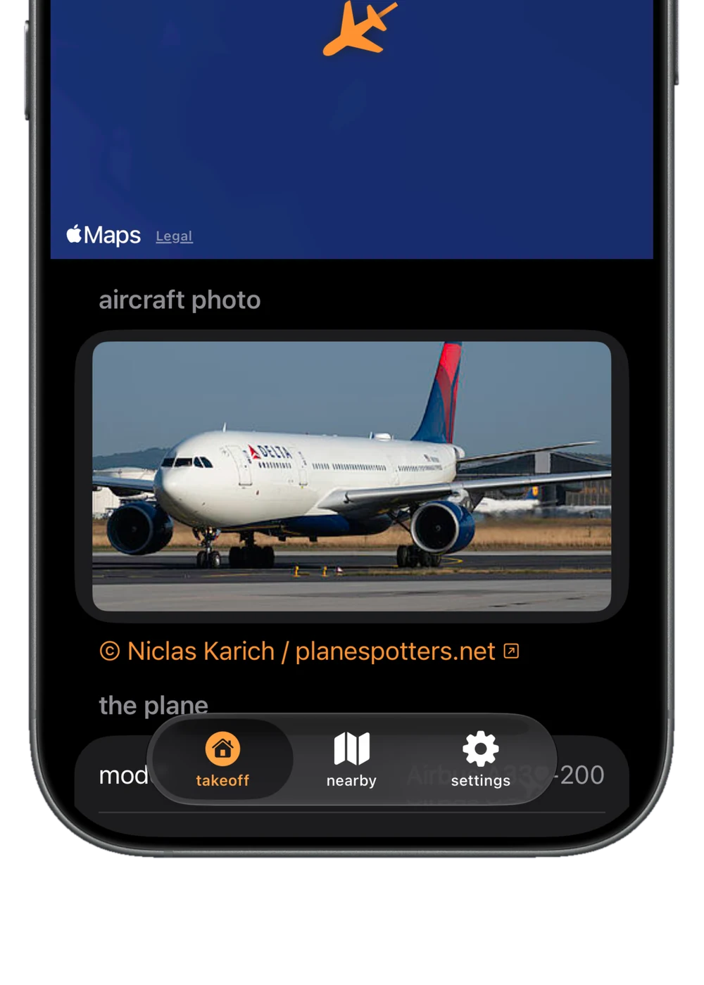 Takeoff app aircraft photo screen