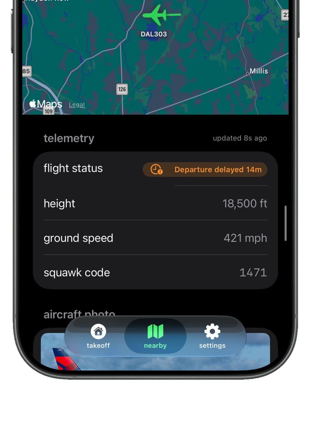 Takeoff app telemetry screen showing altitude and speed