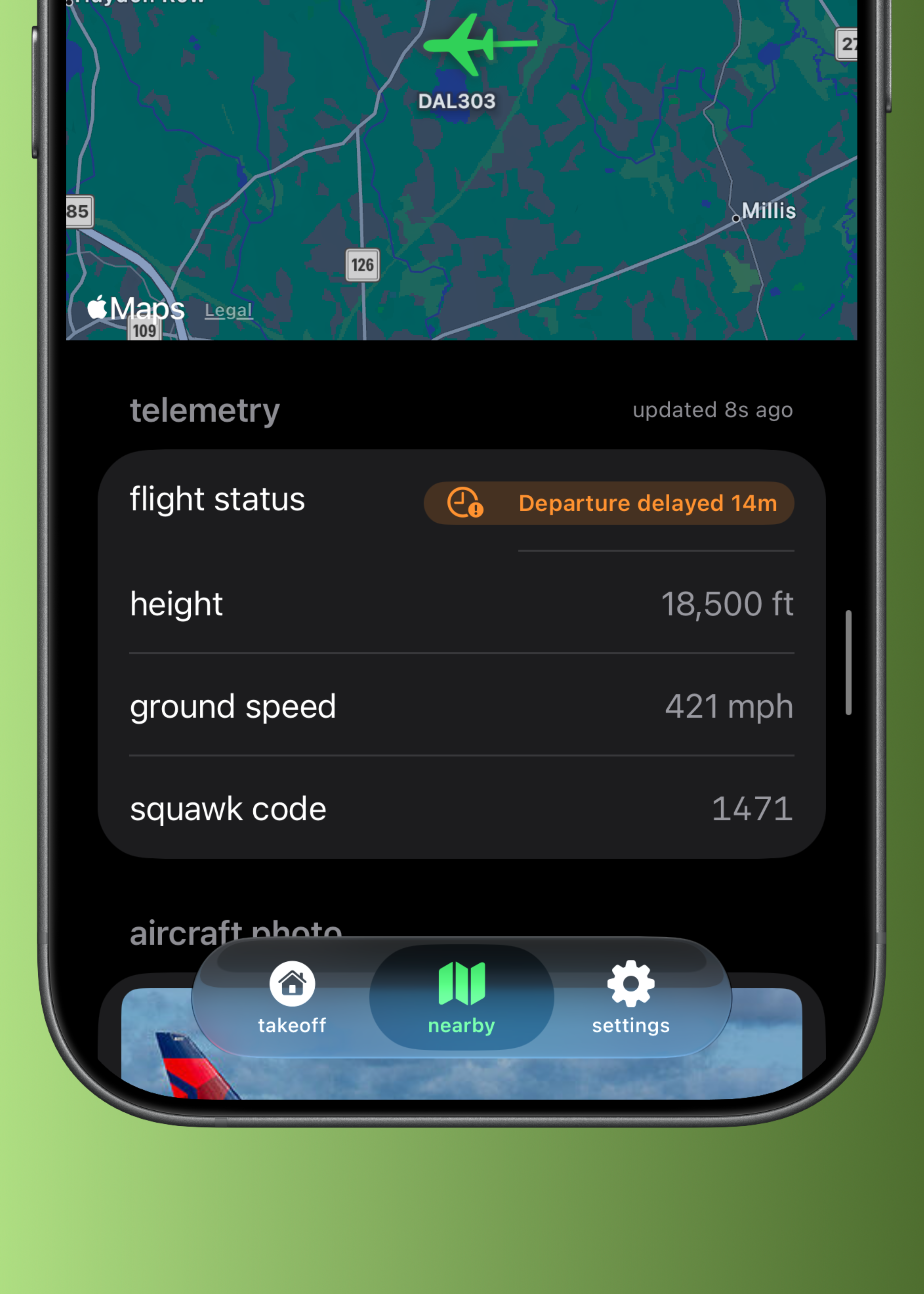 Takeoff app screen showing flight destination