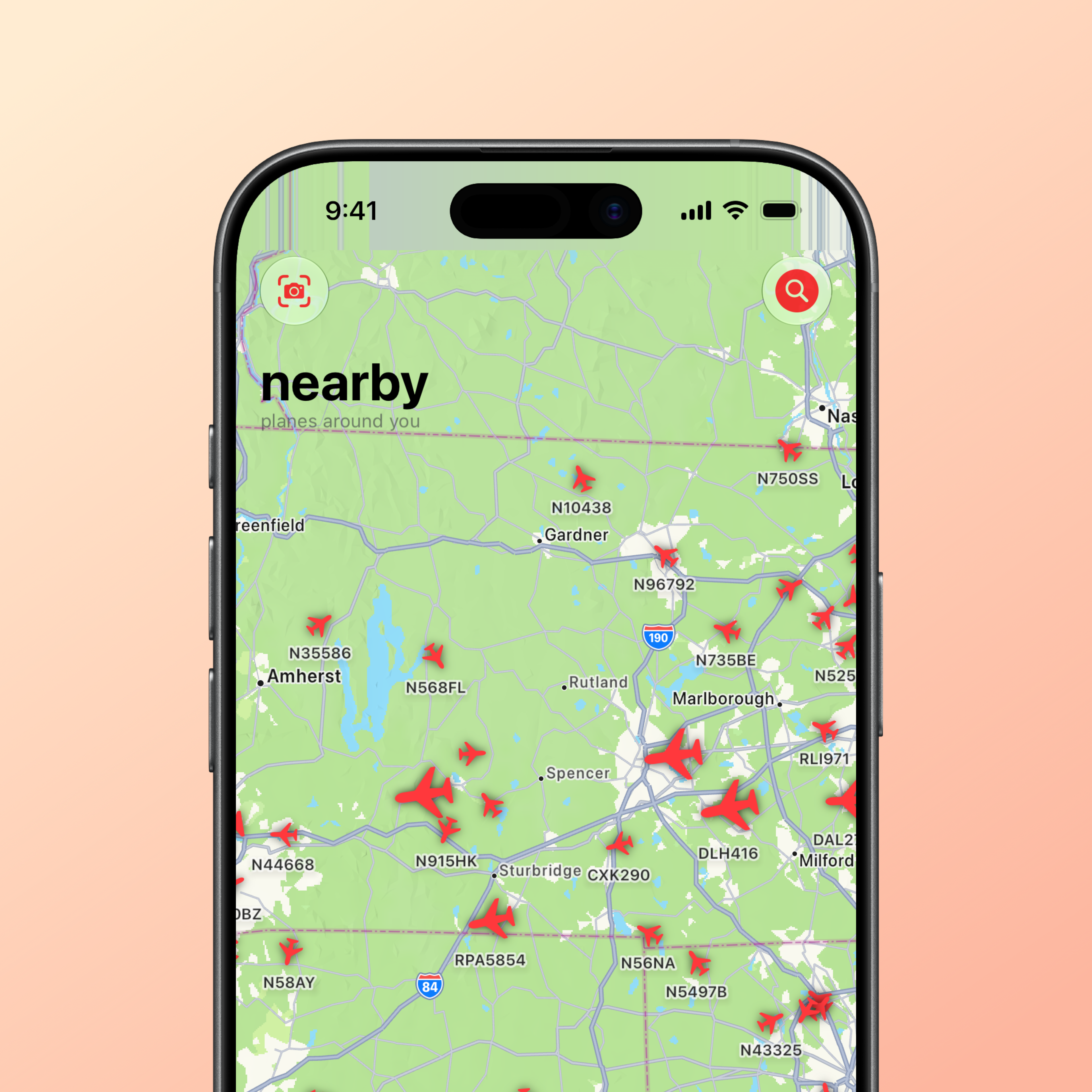 Takeoff app map screen showing nearby planes