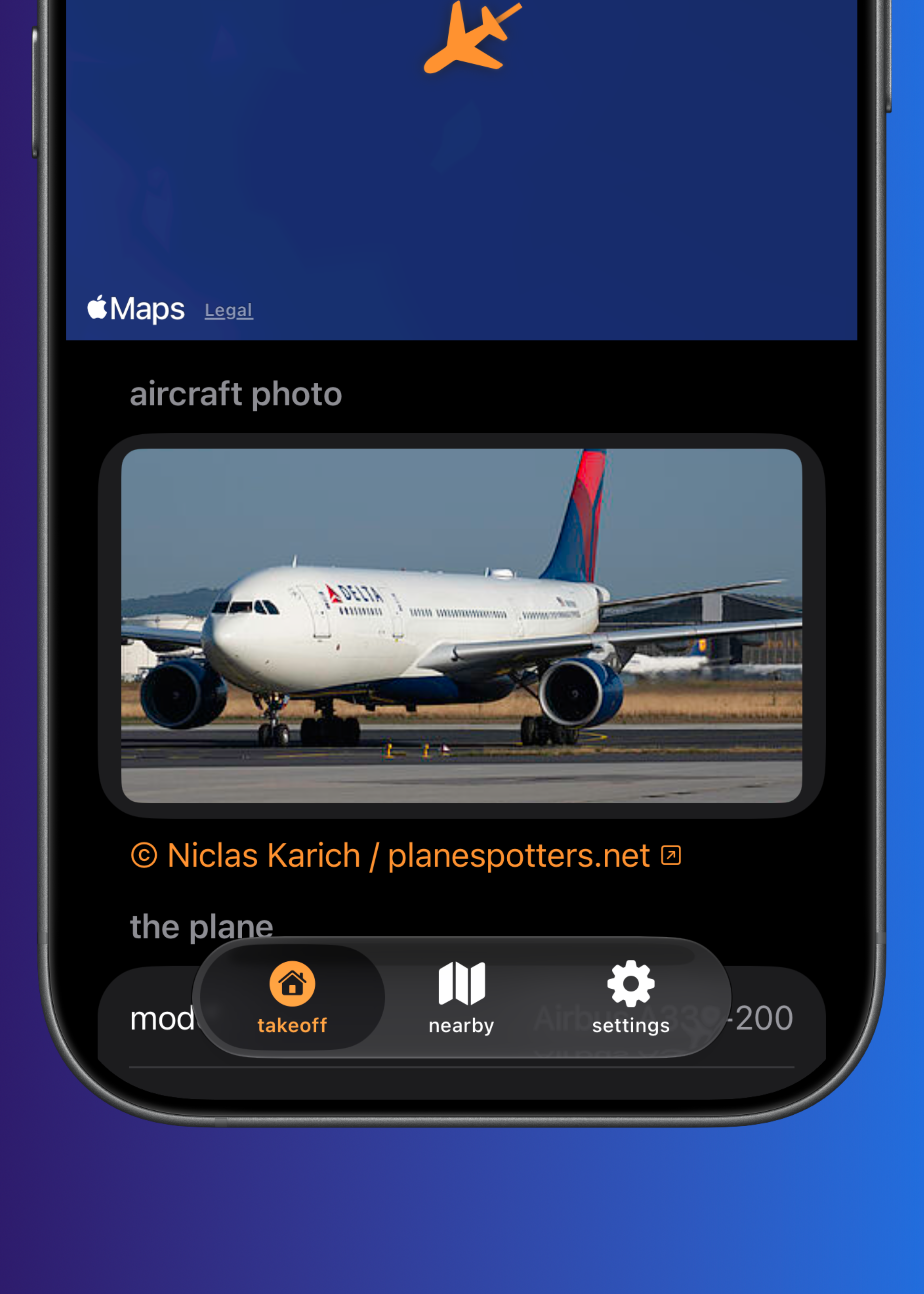 Takeoff app aircraft photo screen